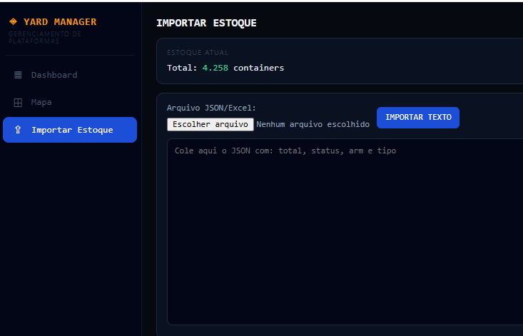 Tela de importação de estoque do Mapa de Plataformas