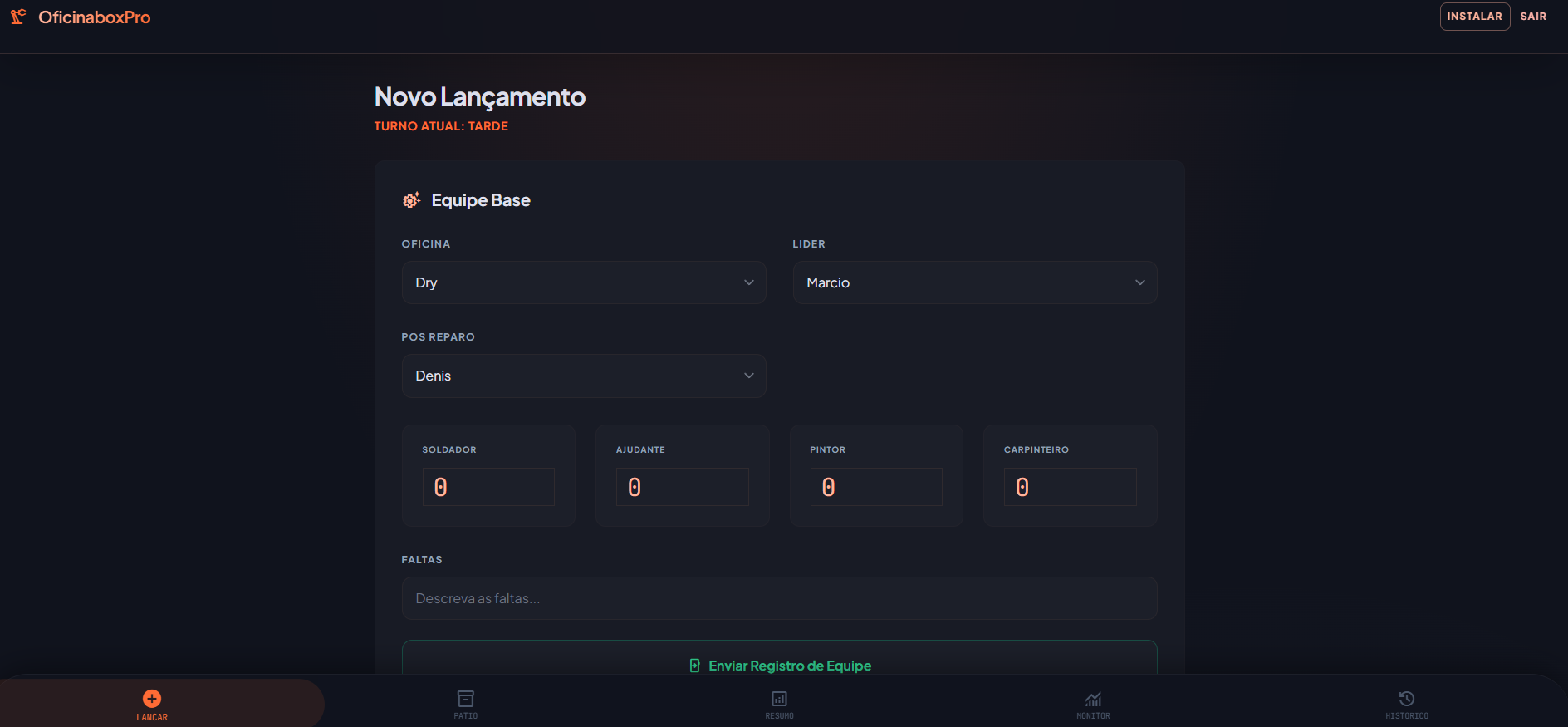 Tela de novo lançamento e equipe base do OficinaBoxPro