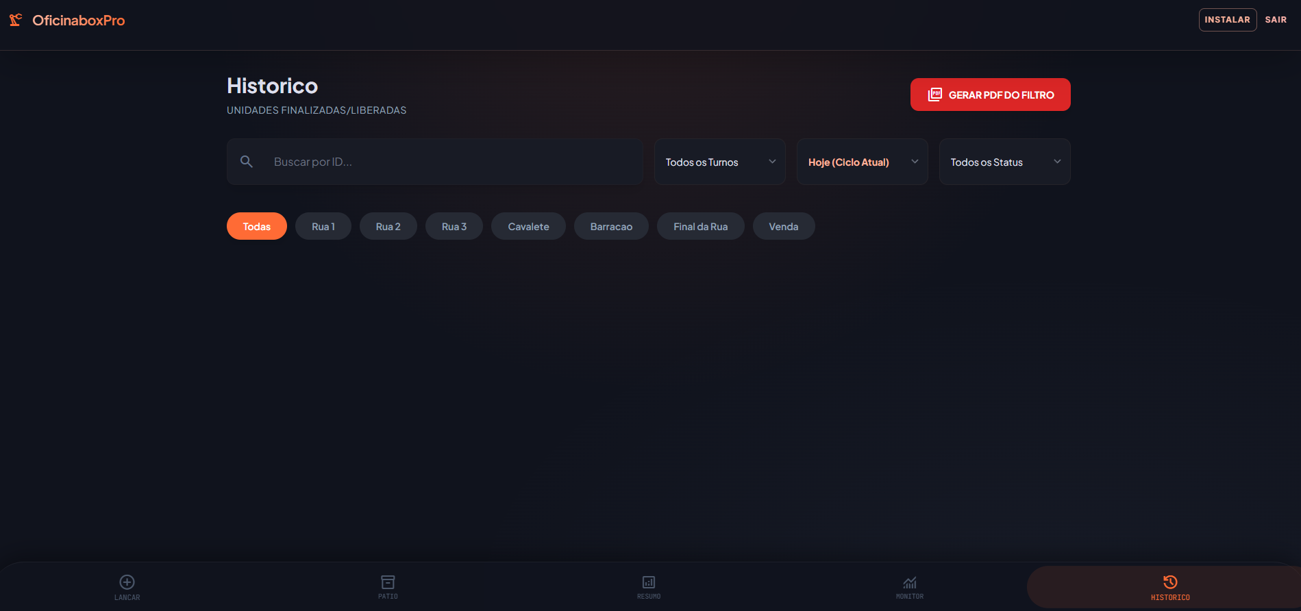 Tela de histórico e exportação do OficinaBoxPro