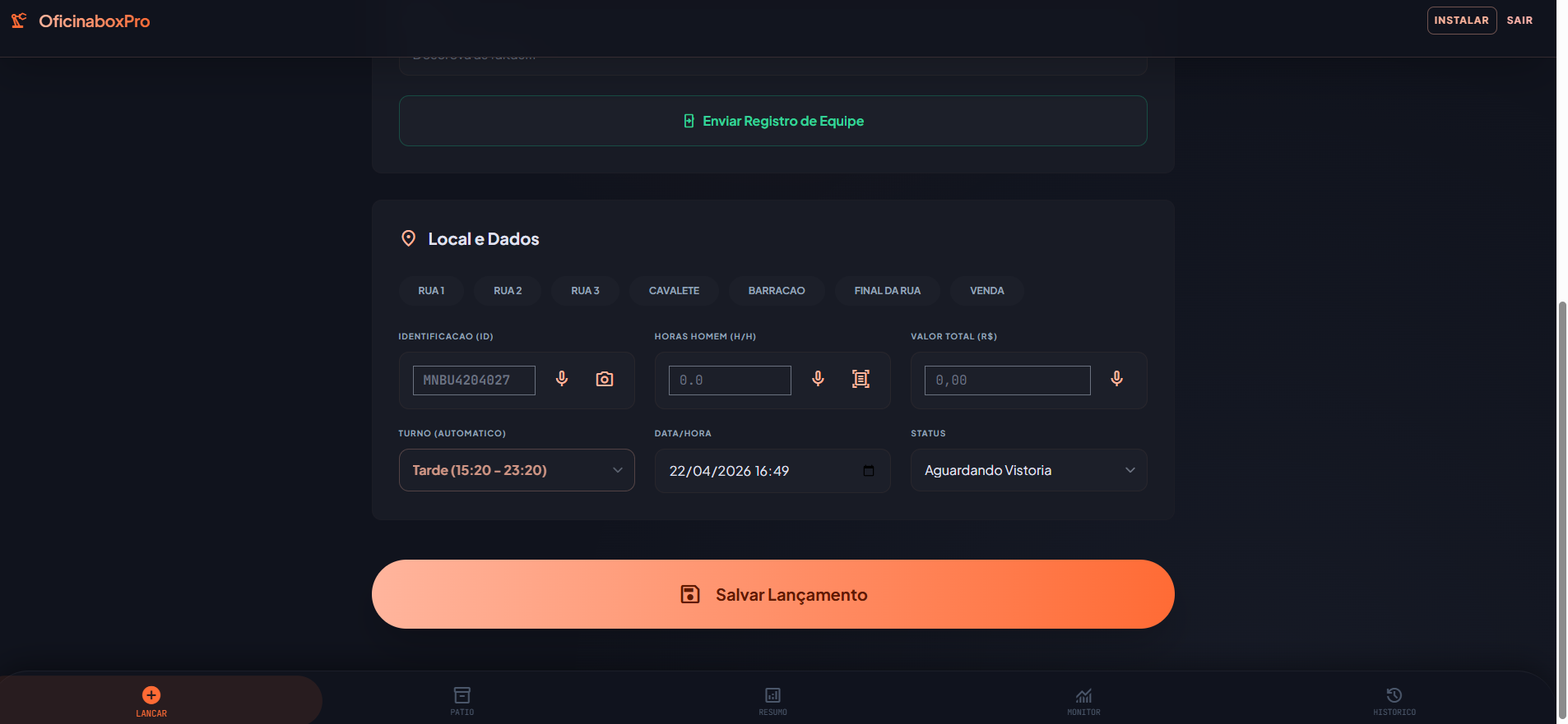 Tela de local e dados do OficinaBoxPro
