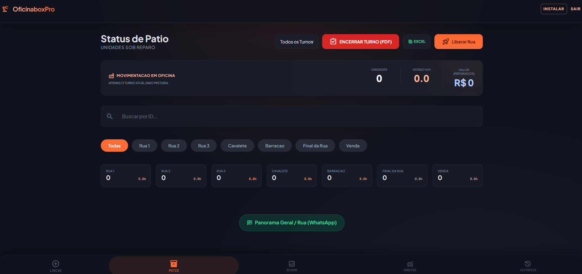 Tela de status de pátio do OficinaBoxPro