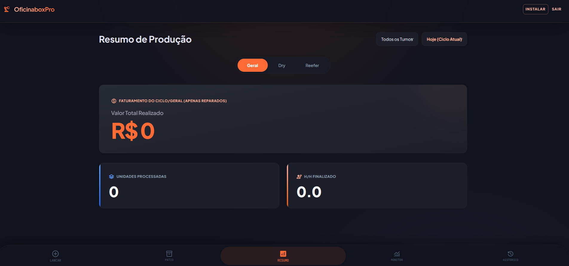 Tela de resumo de produção do OficinaBoxPro