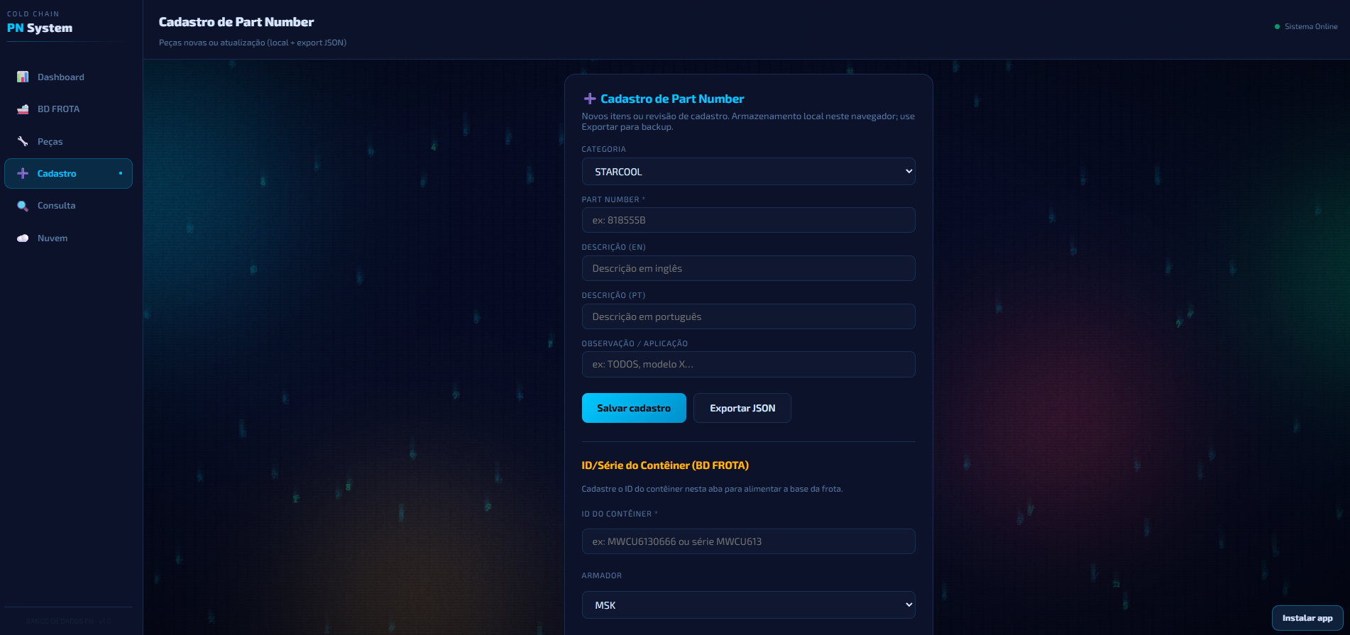 Cadastro de part number e ID de contêiner no PN System