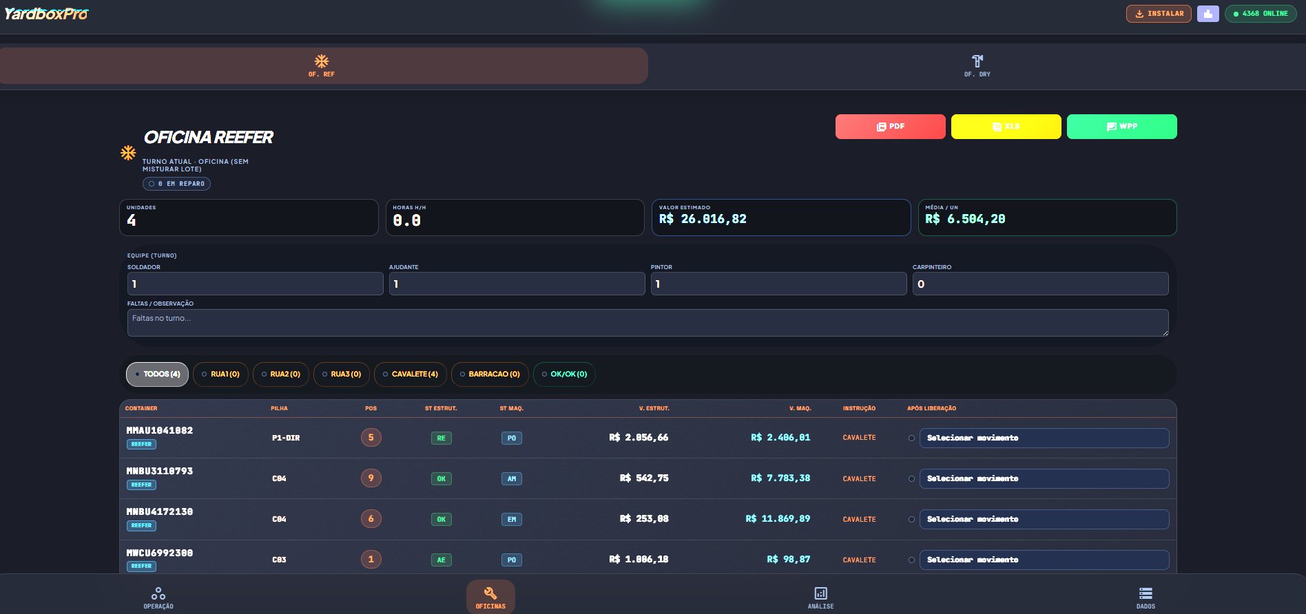 Tela de oficina reefer do YardboxPro